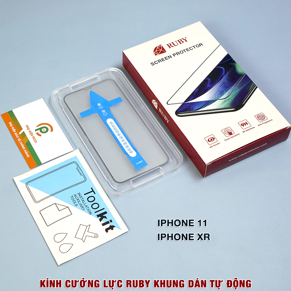 Kính cường lực Iphone Xr chính hãng Ruby khung dán tự động full màn hình - Dán màn hình Iphone Xr