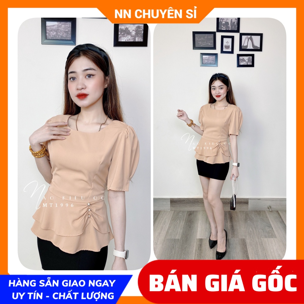 Áo kiểu công sở cho nữ dáng peplum cổ tròn phối cườm  - chất vải kate lụa mềm mịn cao cấp 🛑 Áo công sở nữ 🛑 Áo kiểu chất đẹp ❤ Áo tay ngắn phồng 🛑 Áo cổ V ❤ Áo kiểu cao cấp  MT1996