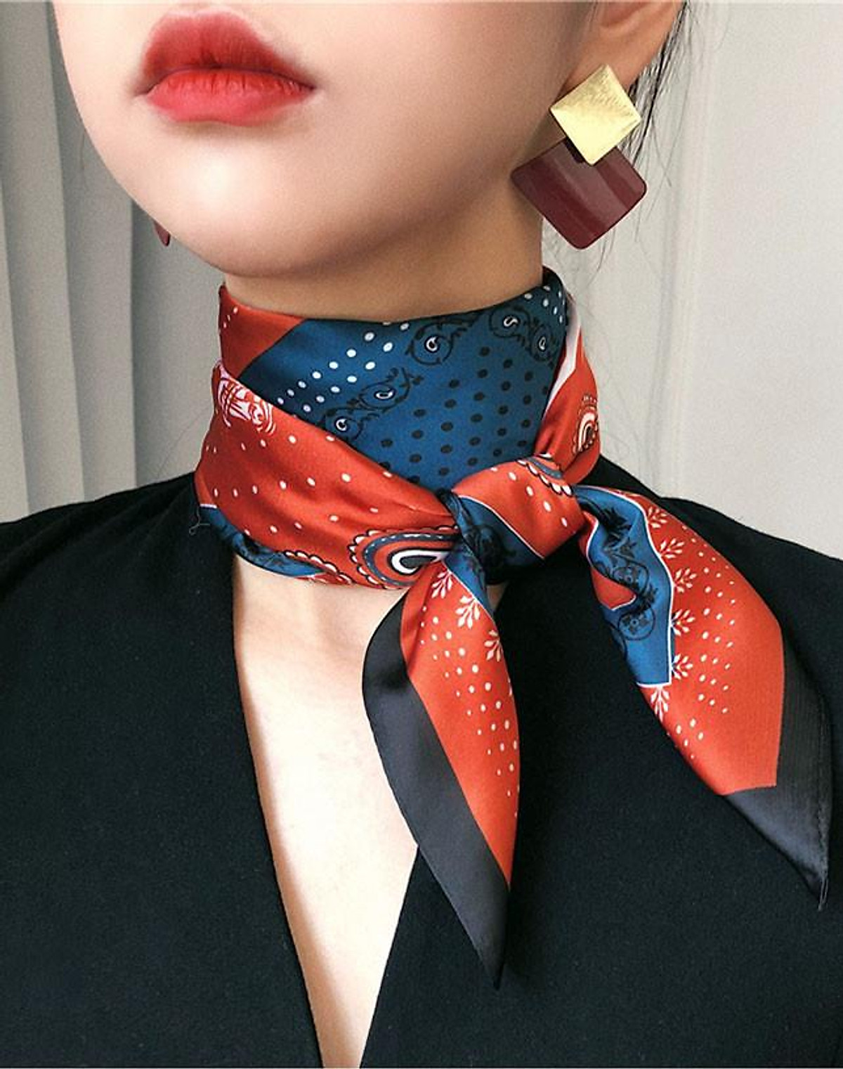Khăn Lụa Vuông Khăn Turban Hoạ Tiết Lạc Đà Hai Màu Cam Xanh - Mã KL013