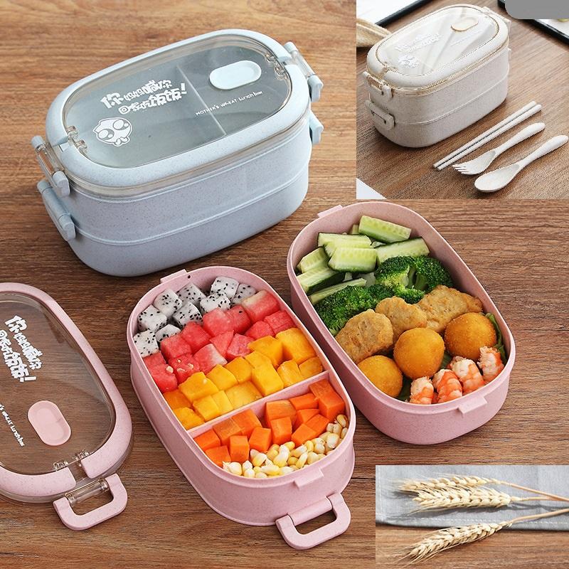 Bộ hộp cơm 2 tầng lua mạch (muống ,đũa, nĩa + lua mạch 100%)