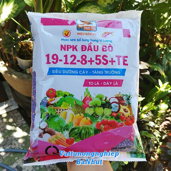 Phân npk đầu bò 19-12-8+5s+te siêu dưỡng cây, tăng trưởng to lá, dày lá