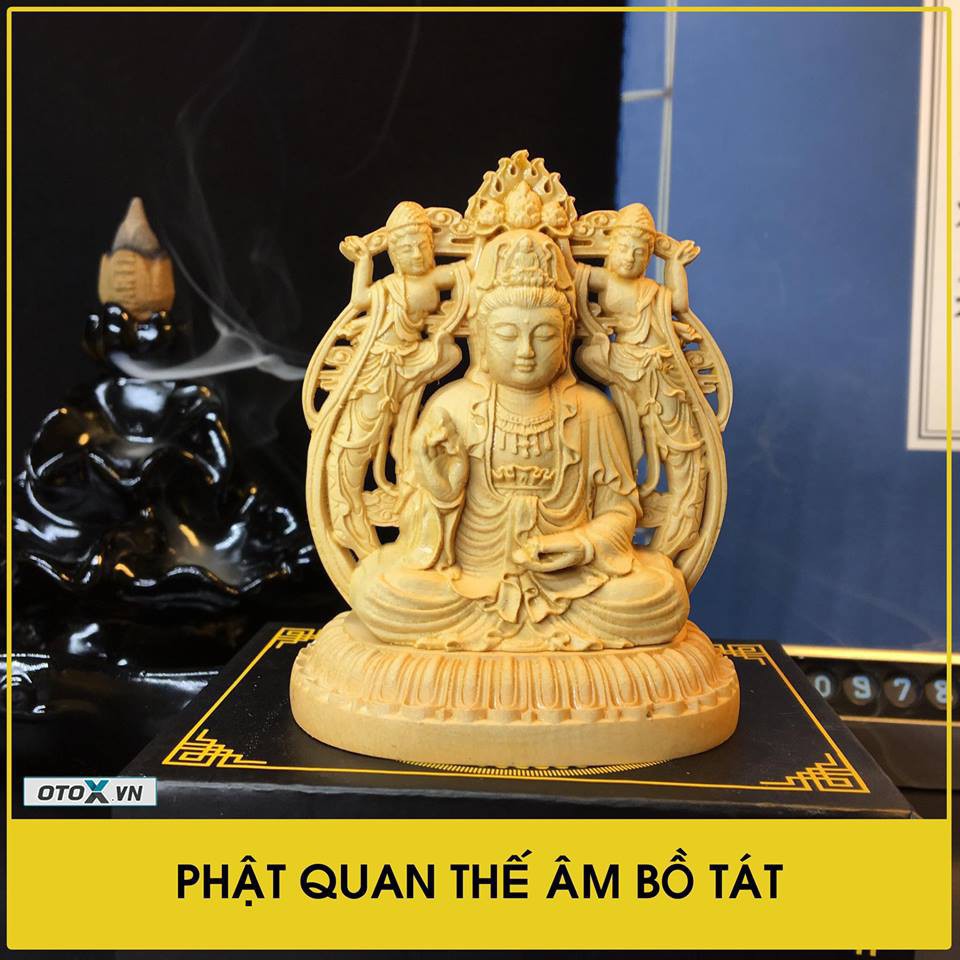 Tượng Quán Thế Âm Bồ tát gỗ Hoàng Dương- tặng vòng đeo tay bằng gỗ