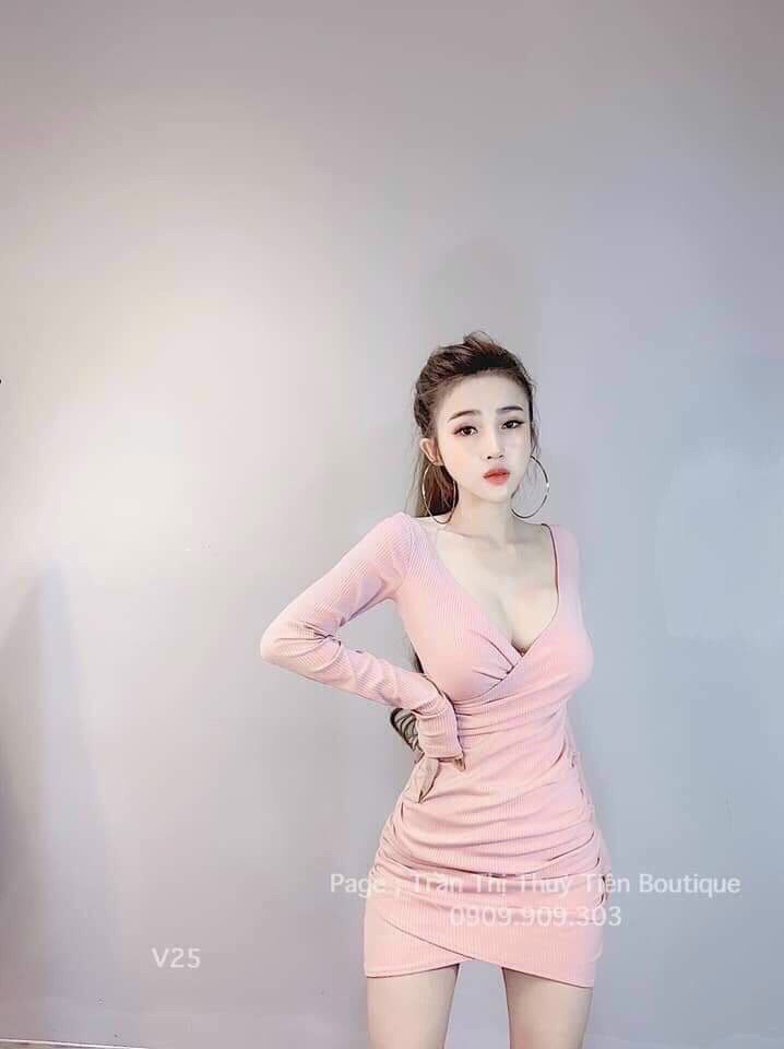 [HCM]Đầm Body Cổ Chéo Hở Ngực Tay DàiChất Thun Cát Hàn Mềm Mịn Dễ Chịu .QC