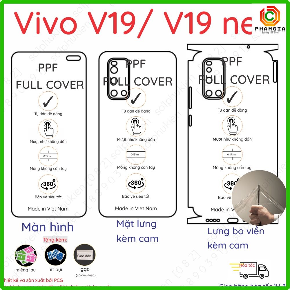 Dán PPF bóng, nhám cho Vivo V19/ V19 neo màn hình, mặt lưng, full lưng viền siêu bảo vệ