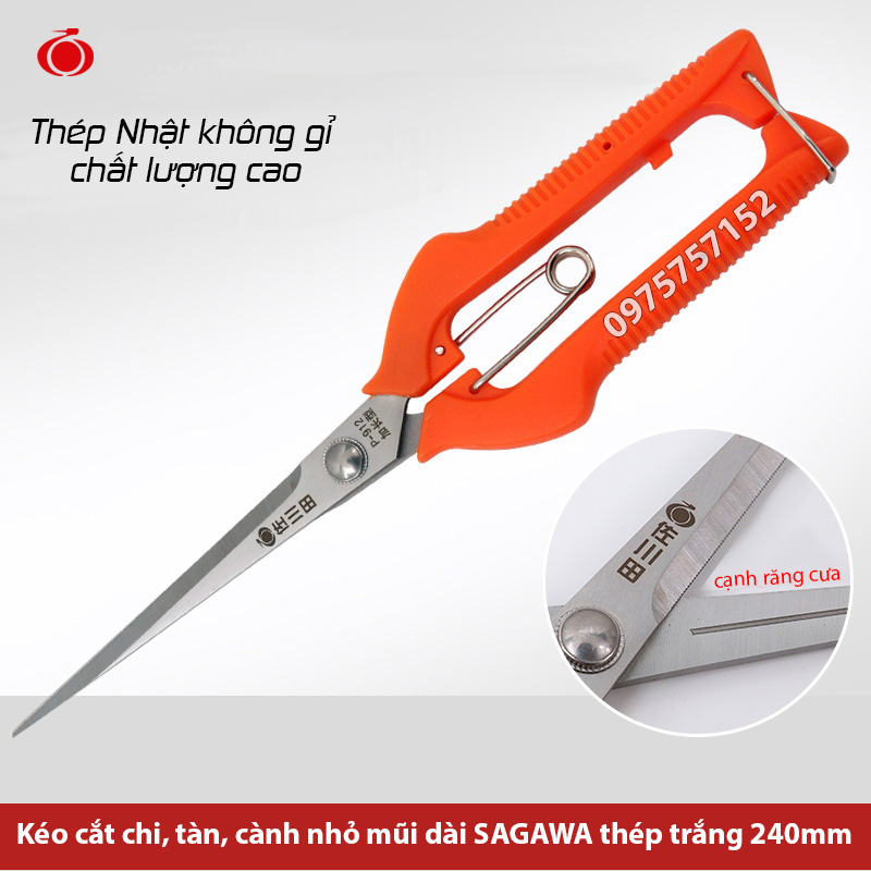 Kéo tỉa dăm, tỉa lá, chi dăm mũi dài thép trắng SAGAWA 240mm