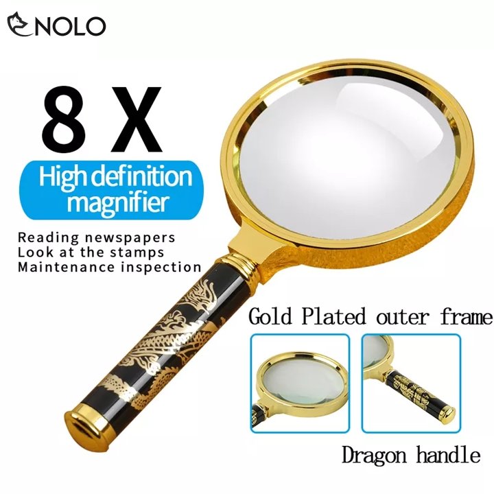 Kính lúp cầm tay phóng đại lớn Magnifier 80mm cán gỗ viền kim loại dùng phóng to soi đồ vật, đọc sách sửa đồng hồ bỏ túi