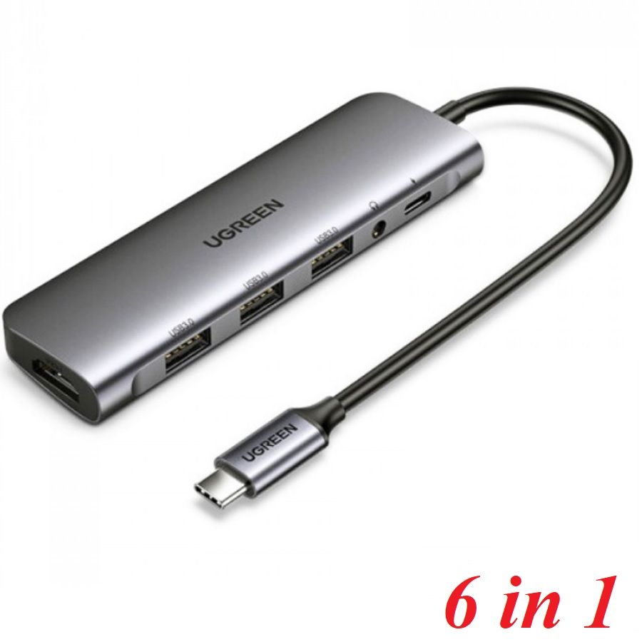 Ugreen 80132 100w pd + aux 3.5mm support mic + hdmi 4k 30hz + 3 * usb 3.0 a bộ chuyển đổi usb type c sang 6 trong 1 màu xám cm136