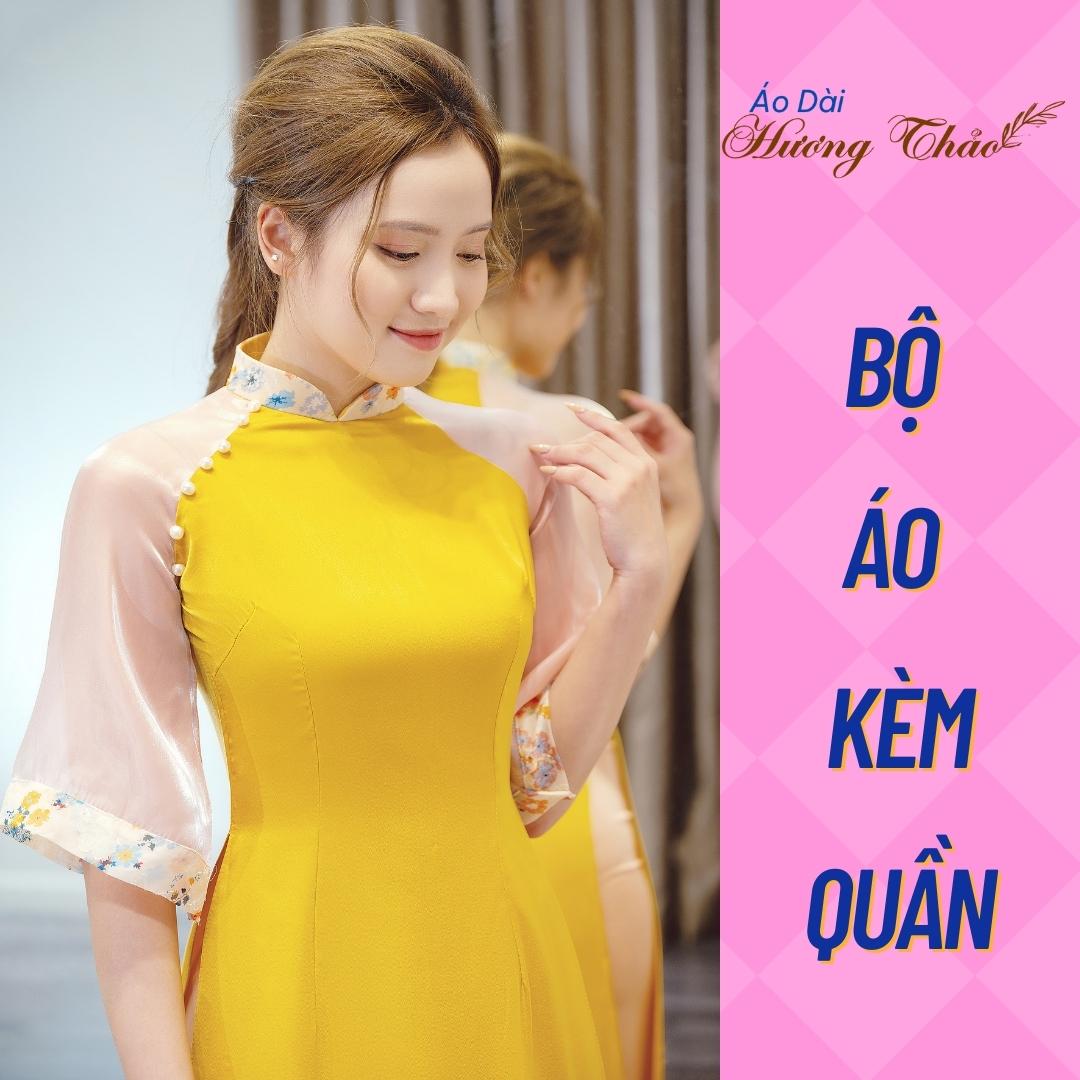 Áo dài cách tân phối hoa nhí, bách hoa xuân lụa ngọc trai phối voan tơ cao cấp