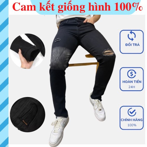Quần jean nam đen rách gối chất bò cao cấp co dãn 4 chiều cực đẹp quần rin rách wash