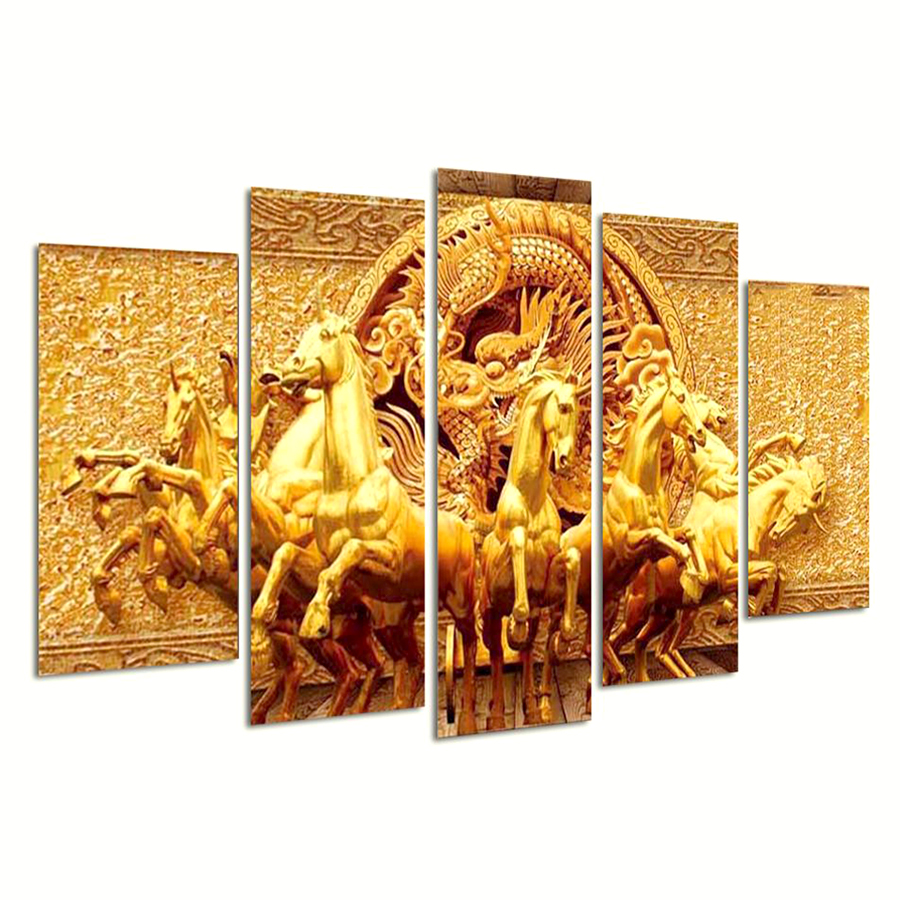 Tranh ghép bộ dán tường Mã đáo MD80505, Tranh đồng hồ 3D, tranh phong thủy tài lộc in sắc nét rực rỡ