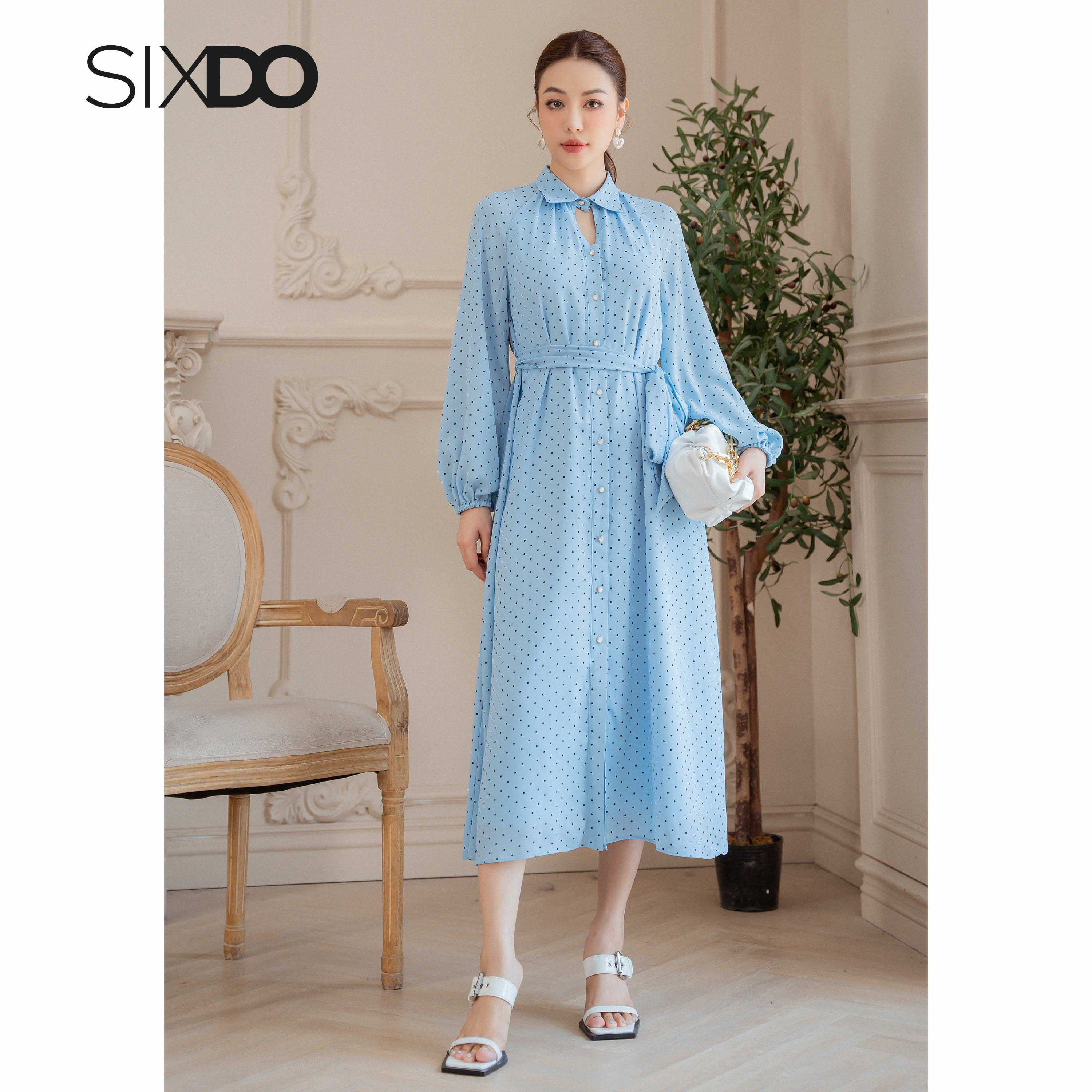 Đầm sơ mi chiffon chấm bi dài tay SIXDO (Blue Polka Dot Midi Chiffon Dress)