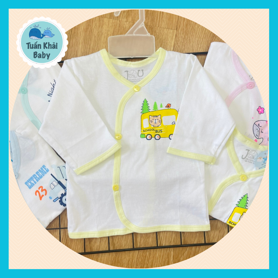 Túi 3 Áo sơ sinh cotton JOU | Mẫu Tay dài Cài Nút Xéo Trắng | Size 1 -4 cho bé sơ sinh - 11 kg| Chất vải thun cotton 100% xịn, đẹp, mềm, họa tiết xinh |Hàng Việt Nam | Quần sơ sinh | Áo sơ sinh | Đồ sơ sinh