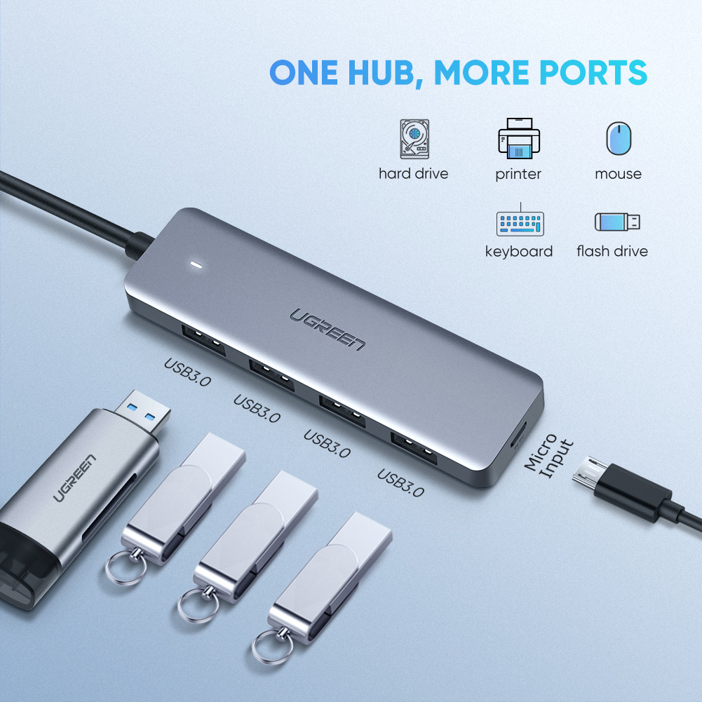 HUB USB TYPE-C SANG 4 CỔNG USB 3.0 UGREEN 70336, CÓ CỔNG TRỢ NGUỒN MICRO USB