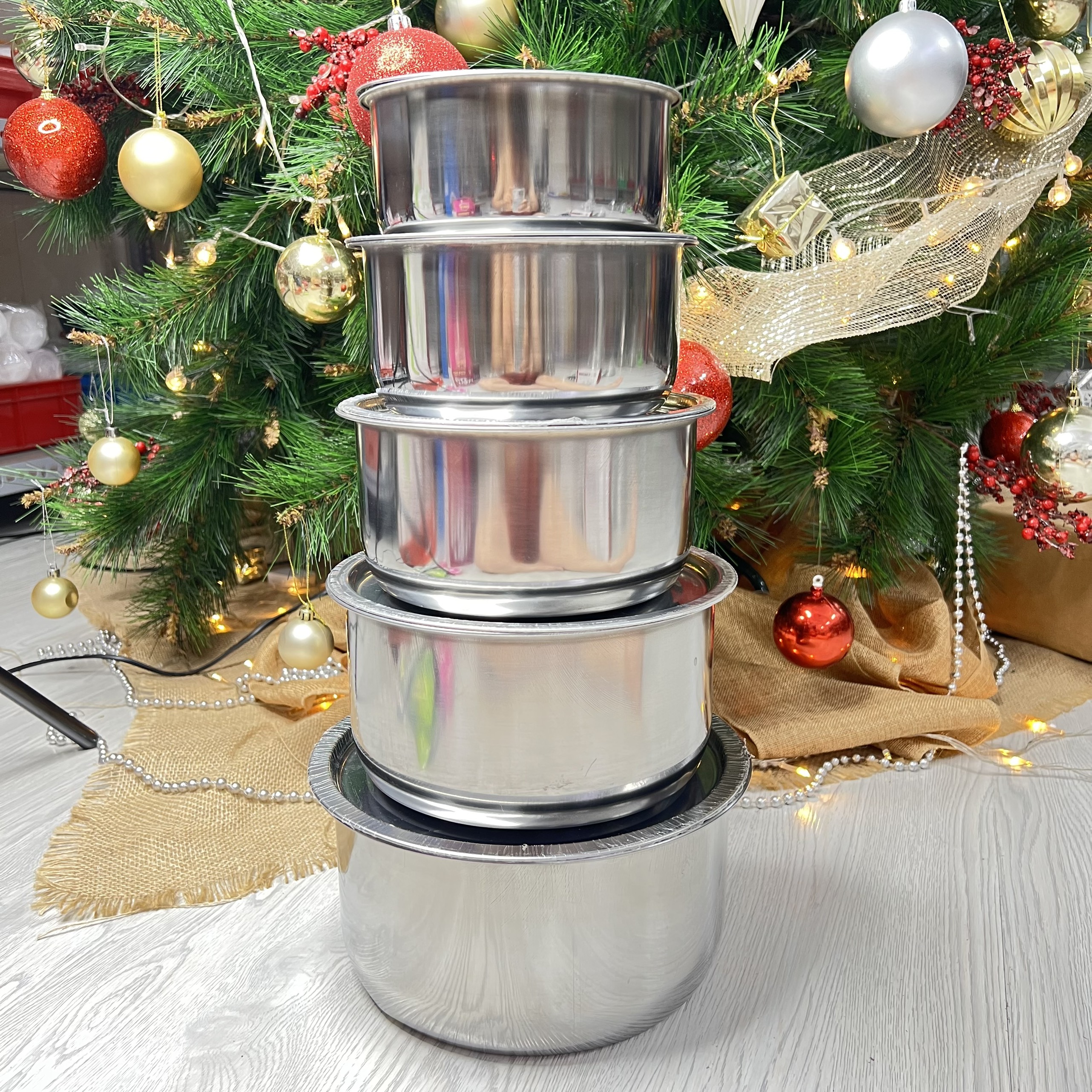 Bộ 5 thau inox có nắp size Đại
