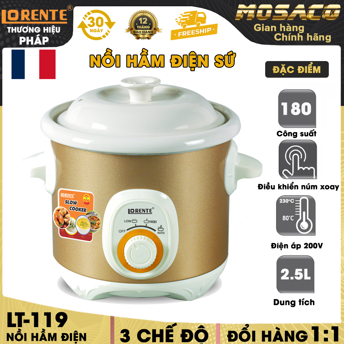 Nồi kho cá Lorente LT-119 180W Nồi hầm điện có 3 chế độ nấu tự động lòng nồi bằng đất sét nung cao cấp trên 1100 độ C tăng cường khả năng giữ nhiệt cho thực phẩm nồi có thể tháo rời từng bộ phận - MOSACO GIA DỤNG