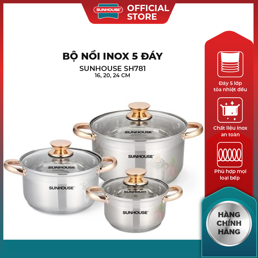 Bộ nồi inox 5 đáy SUNHOUSE SH781 - 16, 20, 24 cm tỏa nhiệt đều - Chất liệu inox an toàn - Phù hợp với mọi loại bếp - Hàng chính hãng