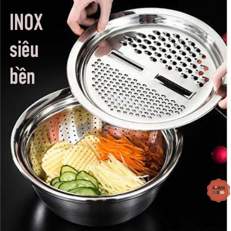 Bộ Thau Rổ inox 3 món bào rau củ đa năng tiện lợi