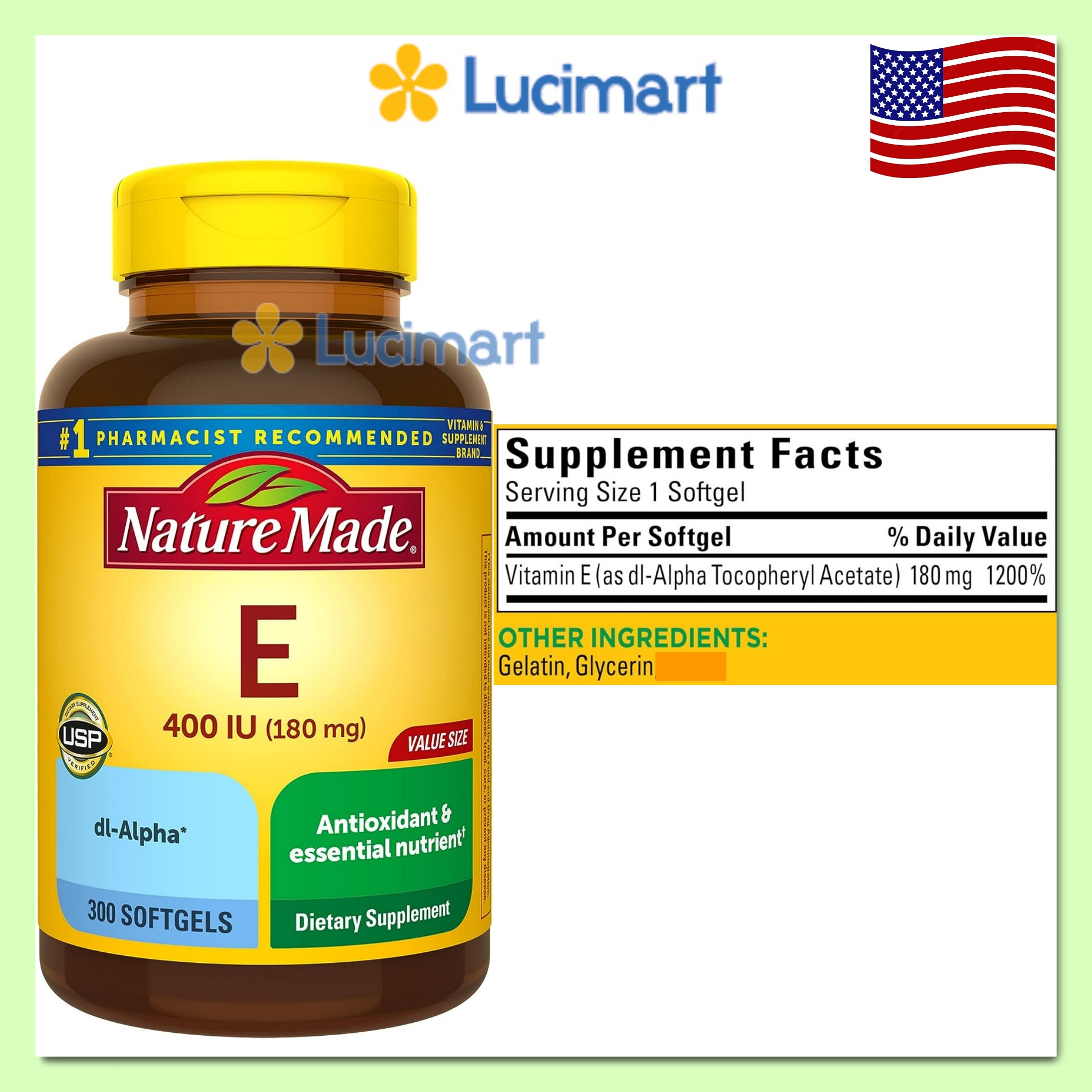 Viên uống Vitamin E 400IU 180mg [Hàng Mỹ hạn dùng 2029]