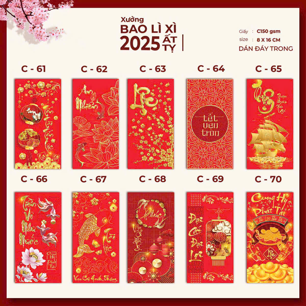 100 Bao lì xì Truyền thống Năm 2025 - 10 mẫu Ngẫu Nhiên