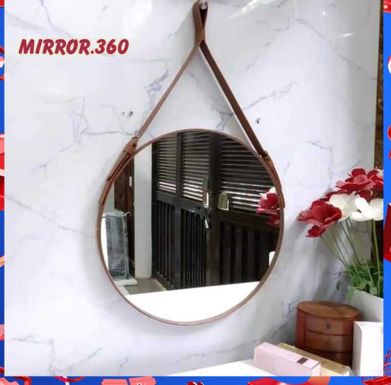 (Size 60cm) Gương Tròn Treo Tường Viền Da Simili (Màu Nâu sậm). Tặng kèm phụ kiện treo gương.