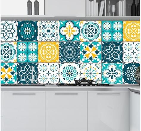 [HCM] Giấy dán tường LaLaShop Decal trang trí tường nhà bếp cao cấp size lớn 60x100cm Decal Gạch Bông Vàng Xanh Decal tủ lạnh