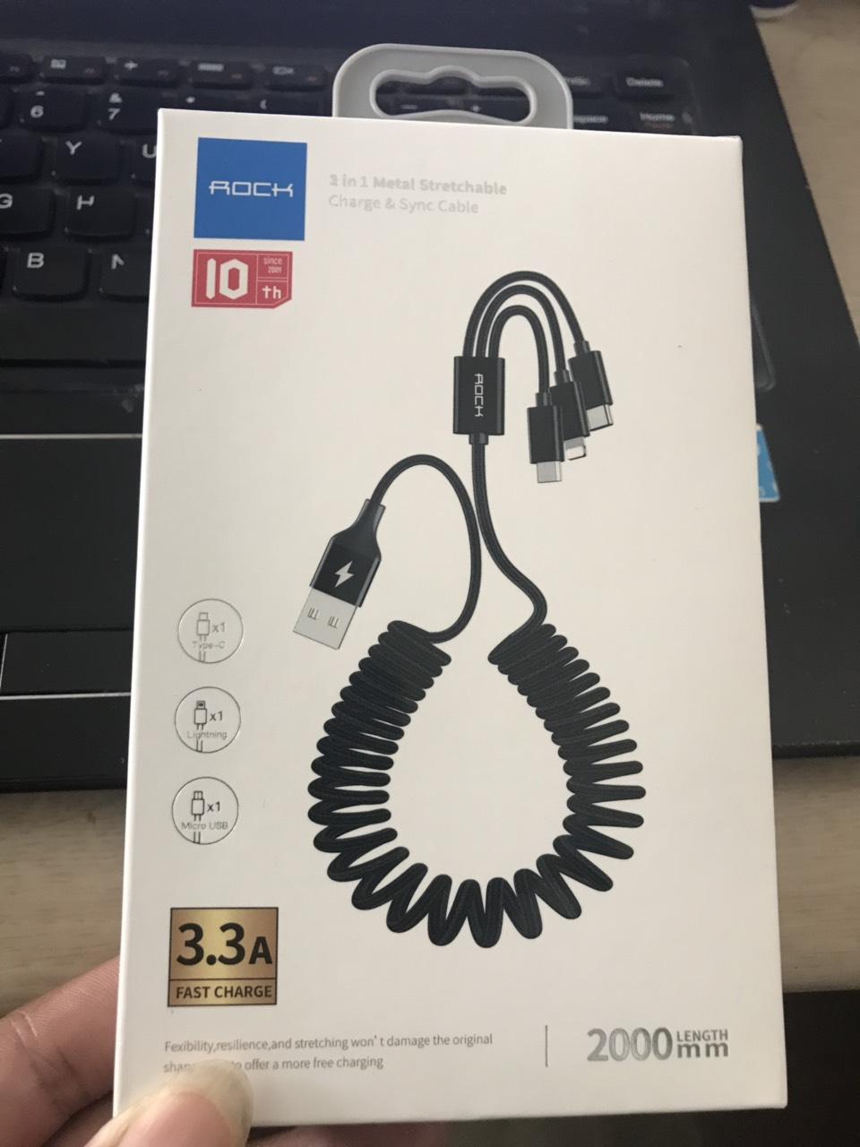 Cáp sạc đa năng lò xo rock 3in1 metal stretchable charge and sync cable 3.3a 2m hãng
