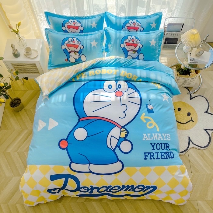 Set chăn ga gối đoraemon cotton tina 4 món cho bé - hàng loại 1