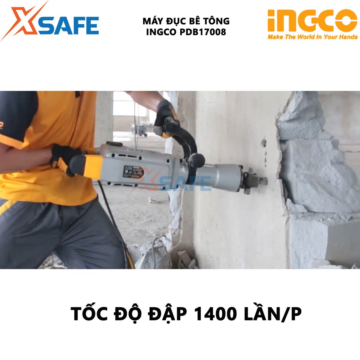 Máy đục bê tông INGCO PDB17008 | Máy khoan đục 1700W, Tốc độ đập 1400 lần/phút, Lực đập 50J, Đầu cặp SDS Hex, khoan đục phá tường, bê tông, vật liệu cứng