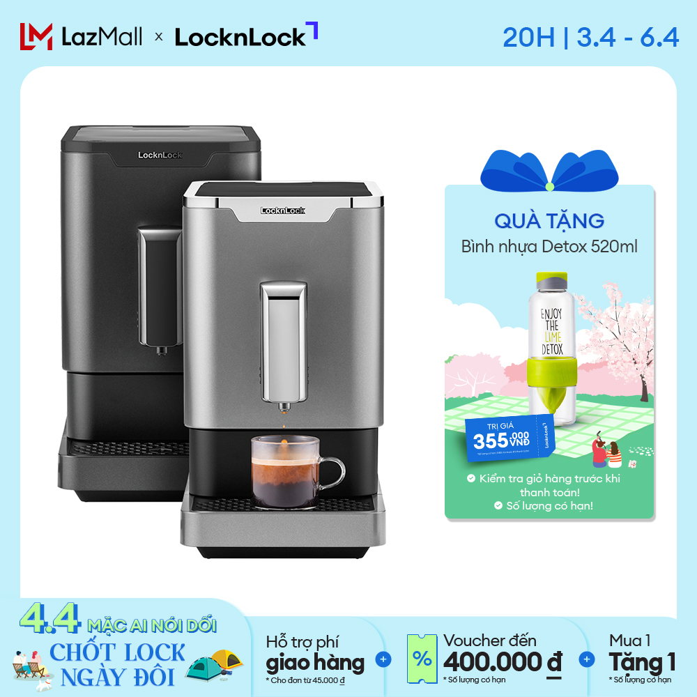 Máy pha cà phê Lock&Lock Espresso Coffee Machine EJC636 Màu đen/Bạc -  5 cấp độ xay, Công suất 19BAR cực mạnh, cảm ứng- Hàng chính hãng