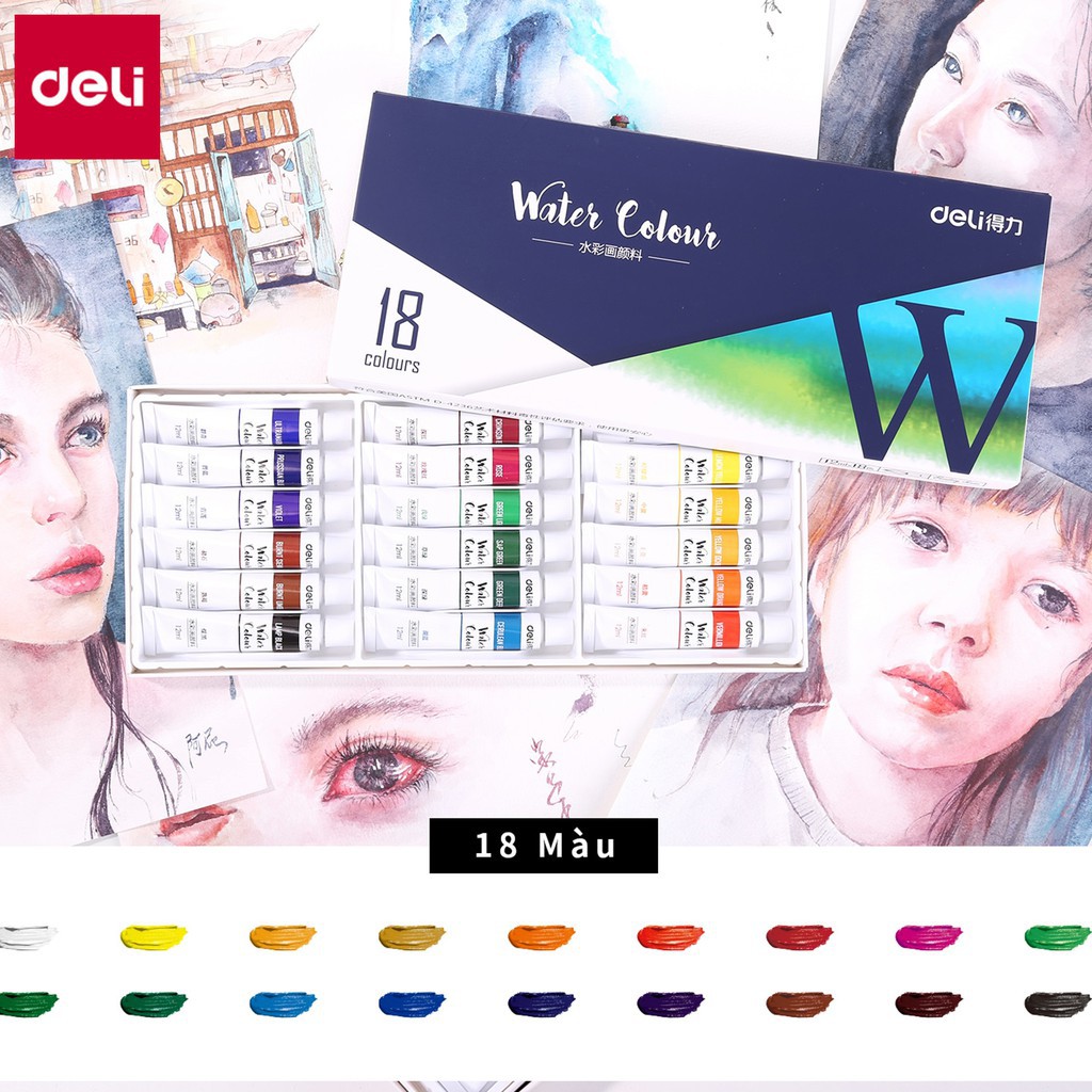 Màu nước dạng tuýp 12ml Deli- 12/18/24/36 màu Watercolor cho học sinh Lalunavn