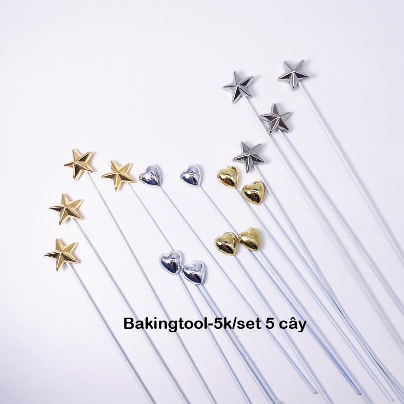 trang trí bánh set cắm sao, tim cỡ 1cm sắt (gói 5 que)