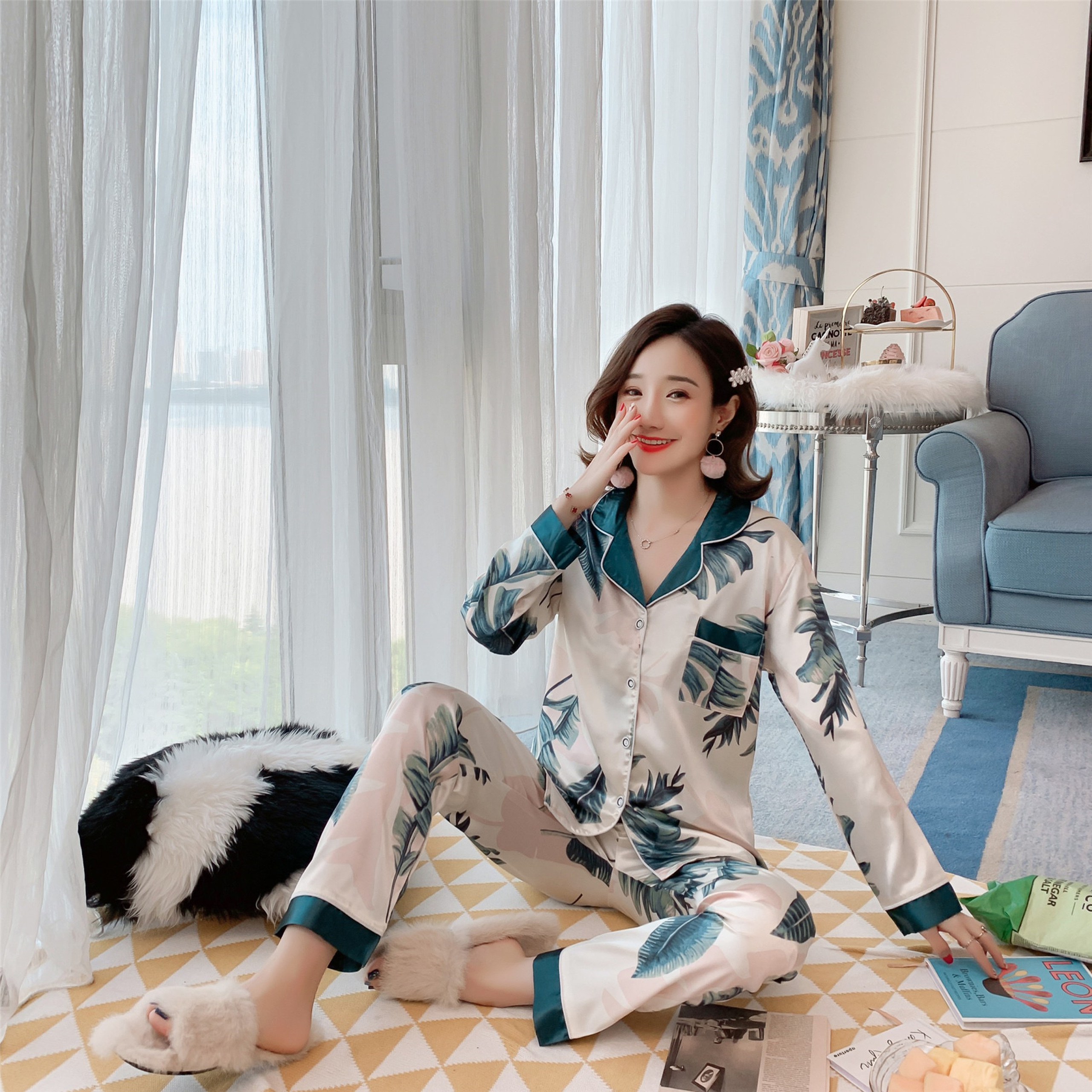 [HCM]SET BỘ  NGỦ PIZAMA LỤA TAY DÀI - D89