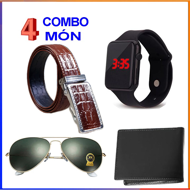 Combo 4 món dây lưng kính mắt ví da và đồng hồ nam