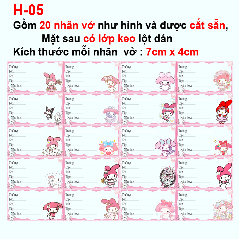 Nhãn vở My Melody - Nhãn dán My melody (1 set 20 nhãn vở khác nhau)