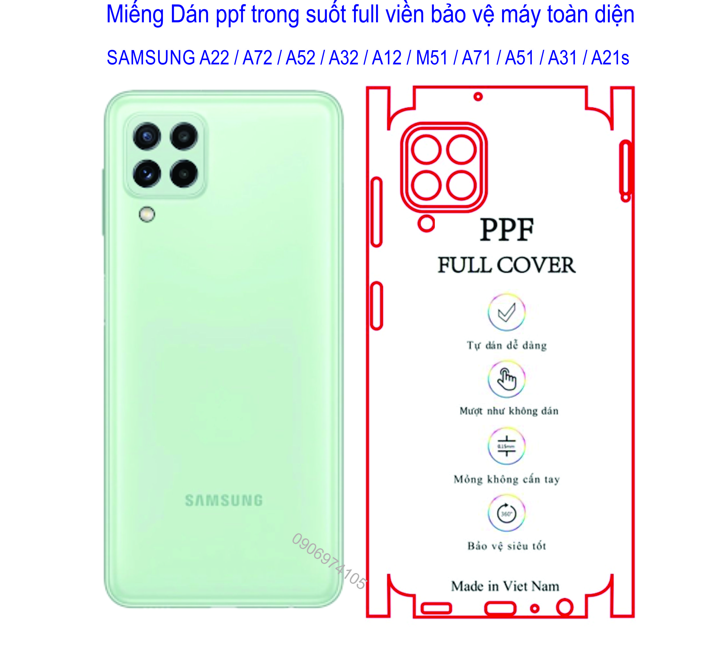 Miếng Dán PPF Full viền SAMSUNG A22 / A72 / A52 / A32 / M51 / A12 / A71 / A51 / A31 / A21s bảo vệ máy toàn diện