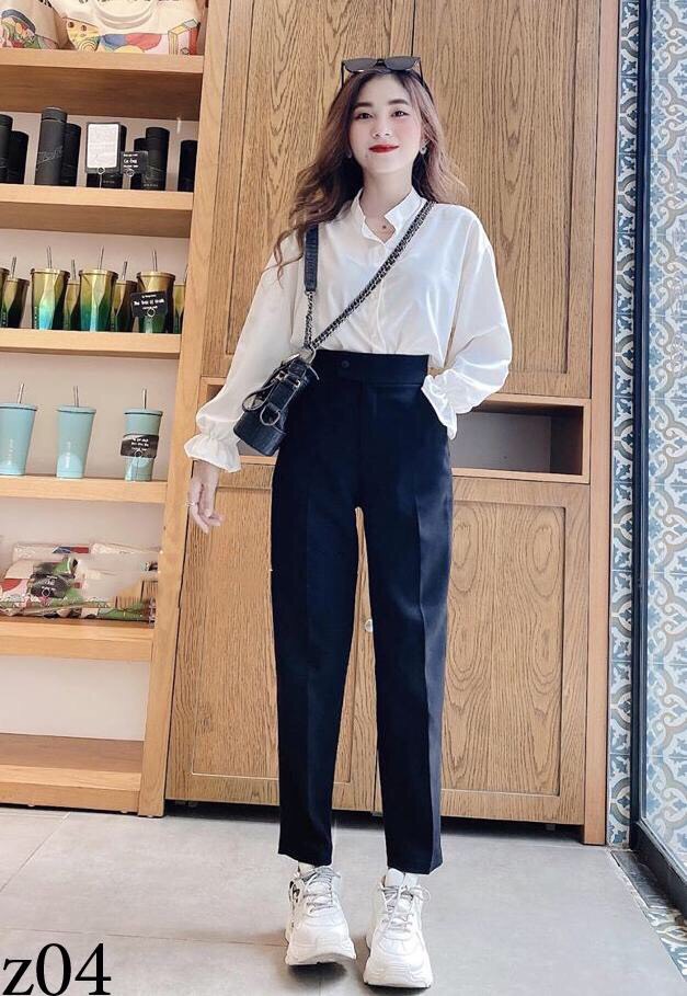 [HCM]Set bộ nữ áo sơ mi tay dài quần tây ống đứng lưng cao