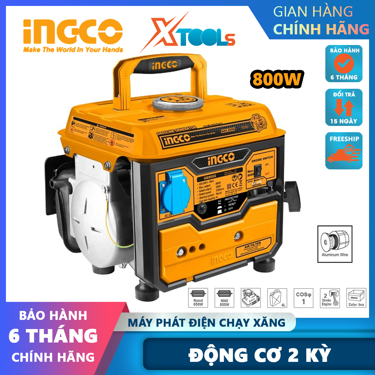 Ingco ge8002 0.8kw gasoline engine generator AC power supply: 220v240v/50Hz/1 phase dc-12 V/8.3a xtools
