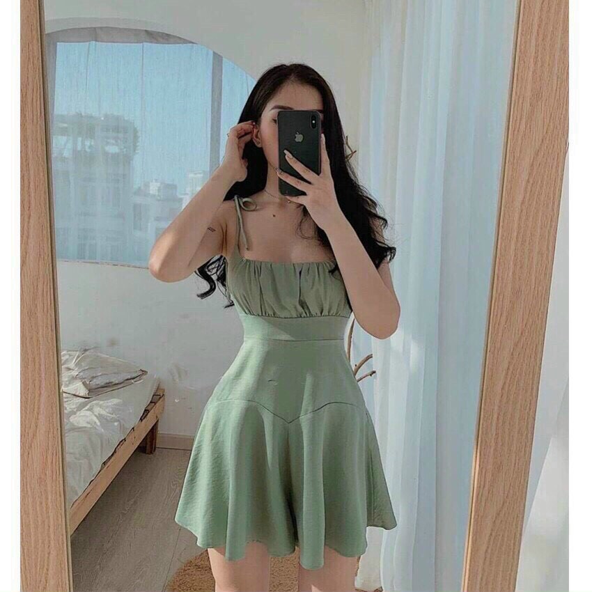 Đầm tiểu thư hai dây nữ, đầm nữ xếp ly, váy nữ dáng xòe hai dây cổ vuông, đầm nữ mặc đi chơi, đi tiệc, váy nữ đơn giản áo hai dây nhiều màu dễ thương
