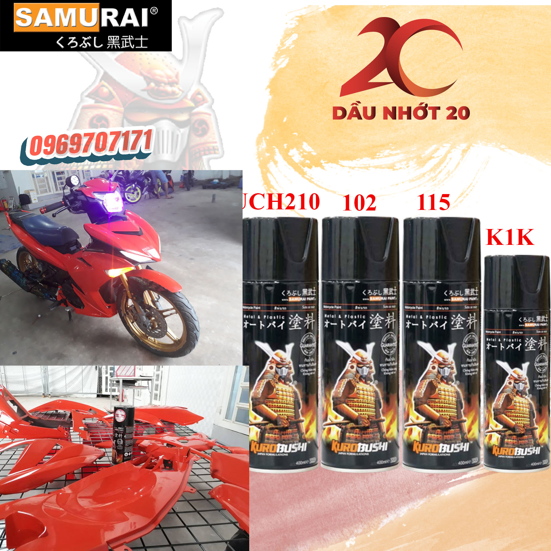 Combo sơn xịt samurai màu cam sáng 115 gồm 4 chai uch210 102 115 k1k 128 hoặc kim tuyến k1kt 128a