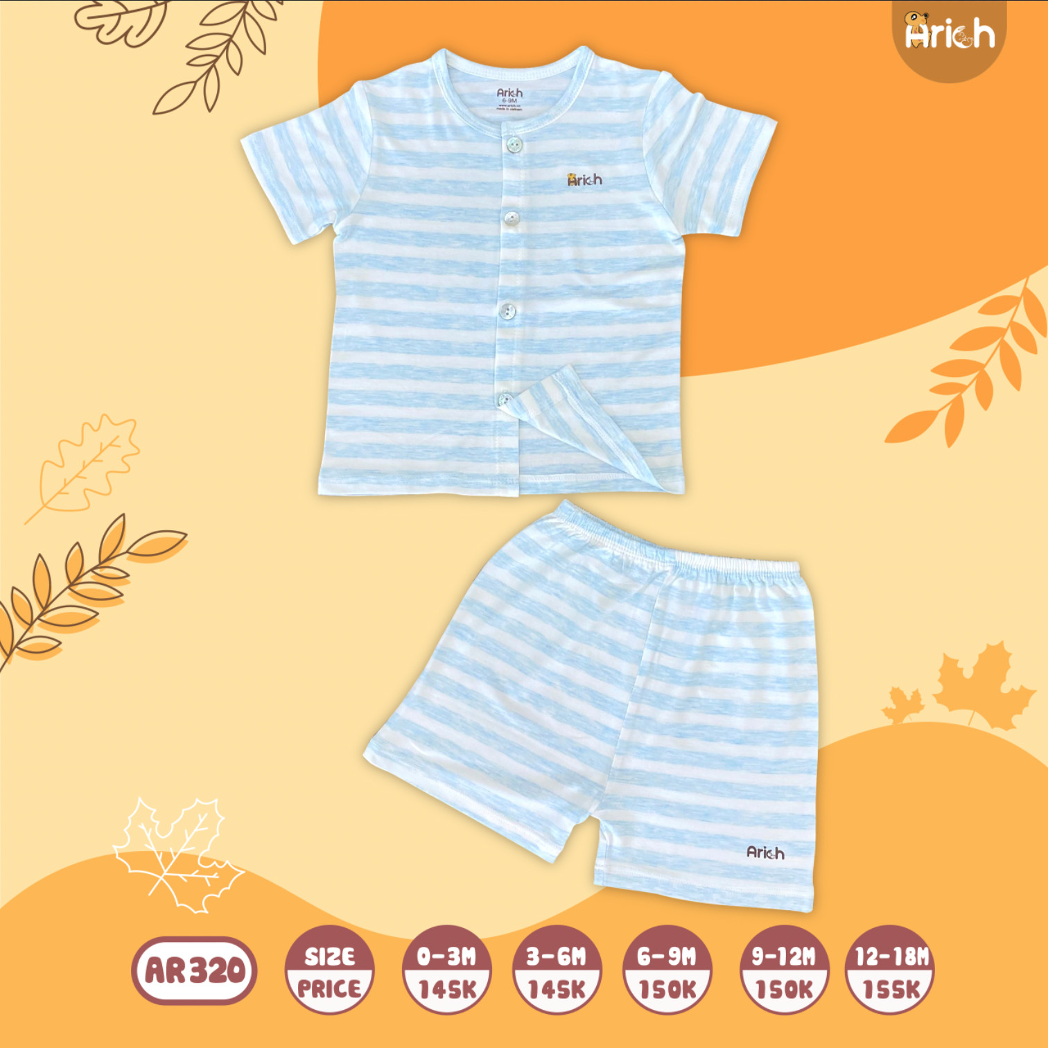 Bộ áo cộc nút cài thẳng cho bé sơ sinh đến 18 tháng - ARICH