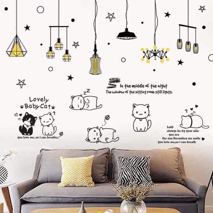 Decal dán tường chùm đèn sao vàng và mèo