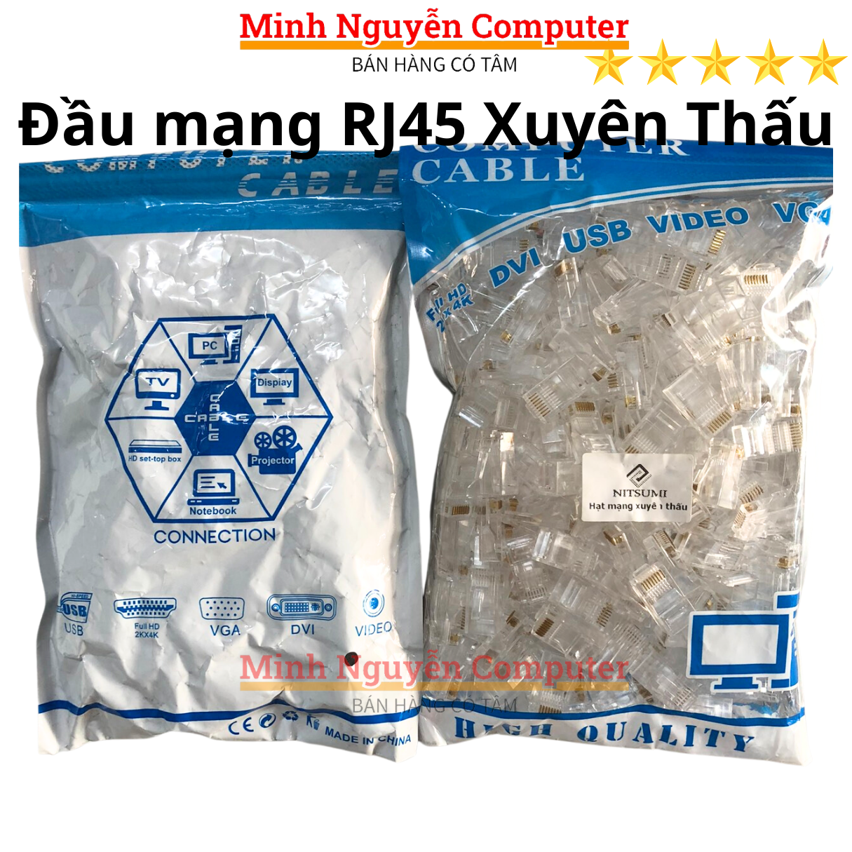 Hạt đầu mạng RJ45 xuyên thấu NITSUMI - Dùng bấm đầu cho dây mạng cat5 cat5E Cat6 Cat6E