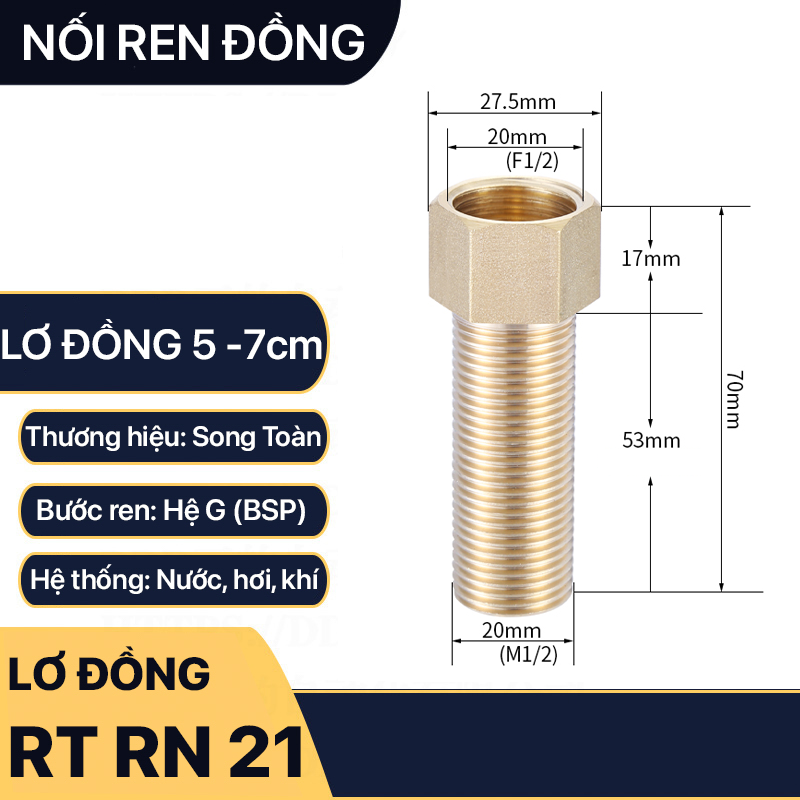 Nối ren trong ren ngoài đồng thau, lơ đồng phi 21 dài 5 7cm