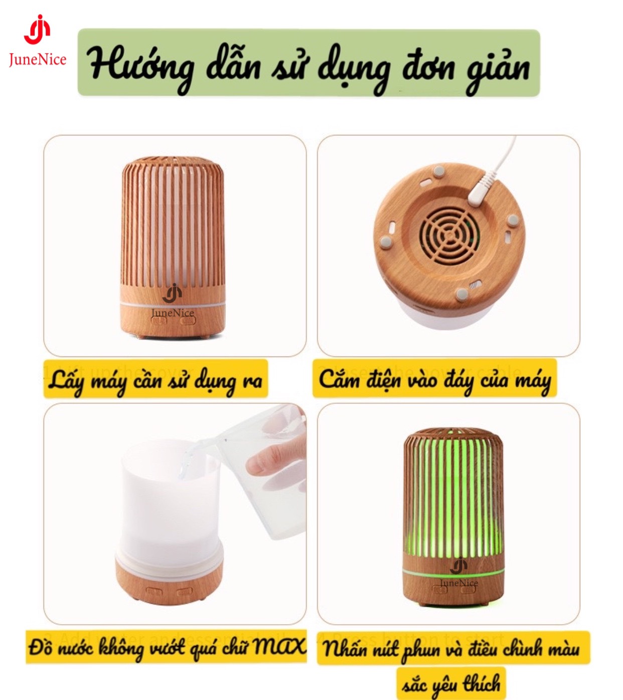 Máy xông tinh dầu, máy khuếch tán tinh dầu, máy phun sương, mini 120ml không thay cây bông June Nice