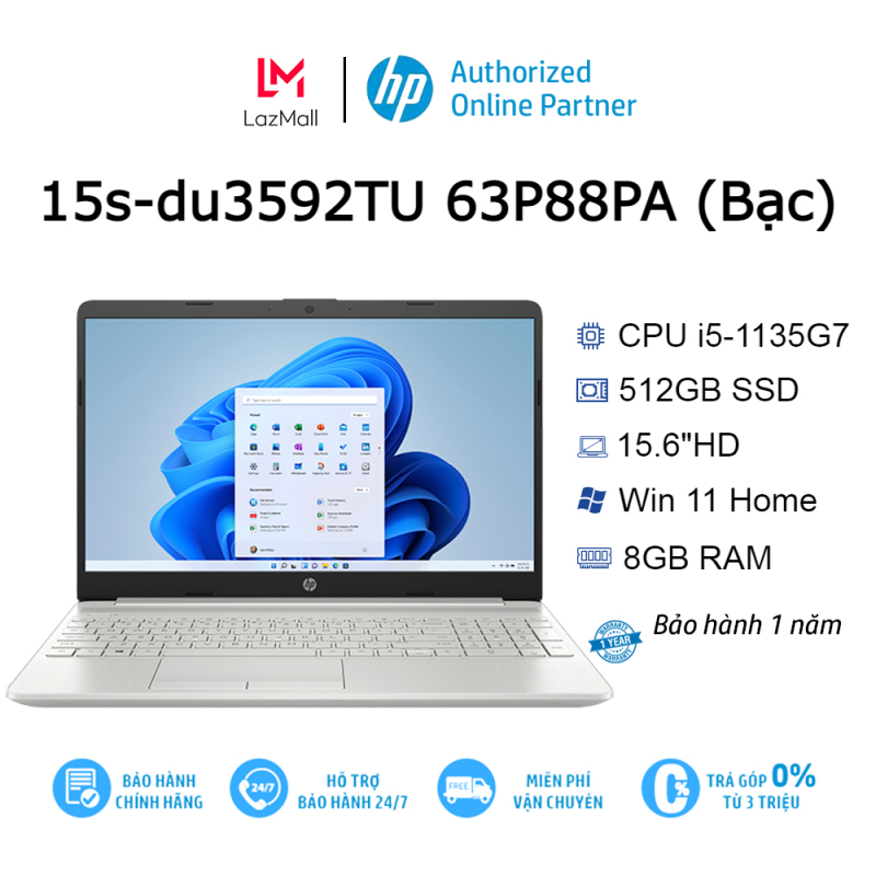Bảng giá Laptop HP 15s-du3592TU 63P88PA i5-1135G7| 8GB| 512GB| OB| 15.6″HD| Win11 (Bạc) Phong Vũ