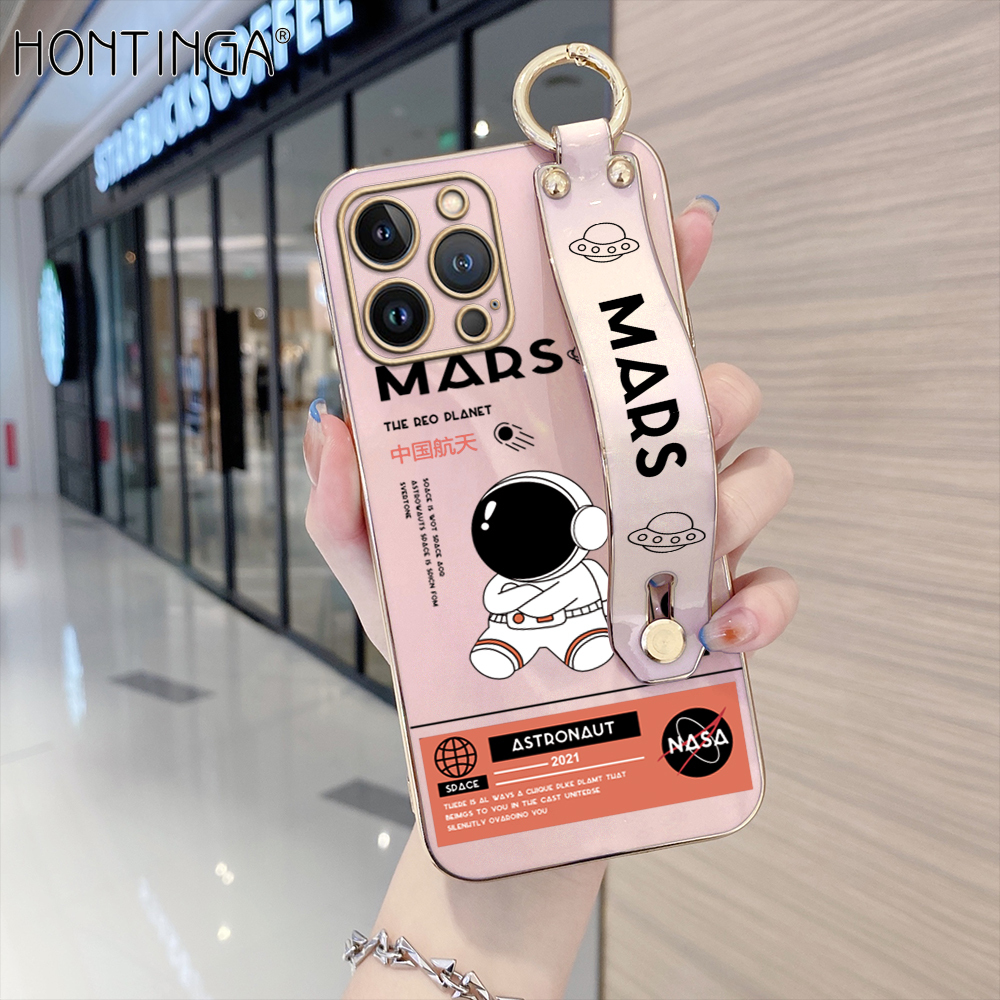 (With Wristband) Hontinga Casing Case For iphone 11 Pro Max 12 Mini 12 Pro Max 13 Mini 13 Pro Max Case Cute Space Astronaut Luxury Chrome Plated Soft TPU Square Phone Case Full Cover Camera Protection Anti Gores Rubber Cases For Girls