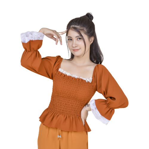 Áo kiểu nữ tay dài viền bèo nhún eo thời trang mới phong cách hàn quốc av 140