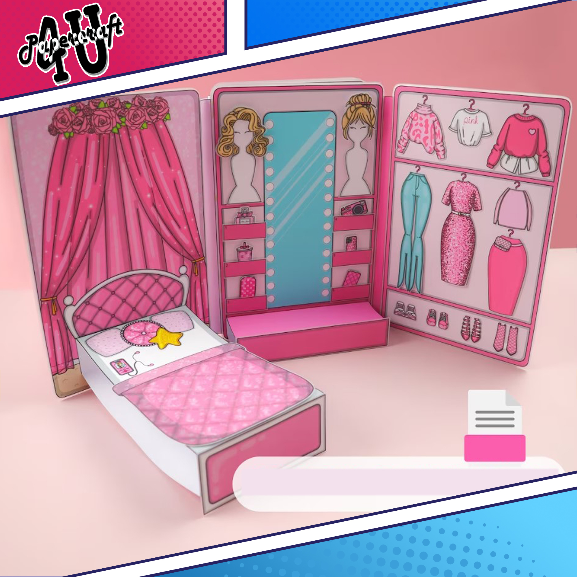 Đồ chơi ngôi nhà búp bê giấy cắt thủ công diy - mẫu 14 - ngôi nhà hồng