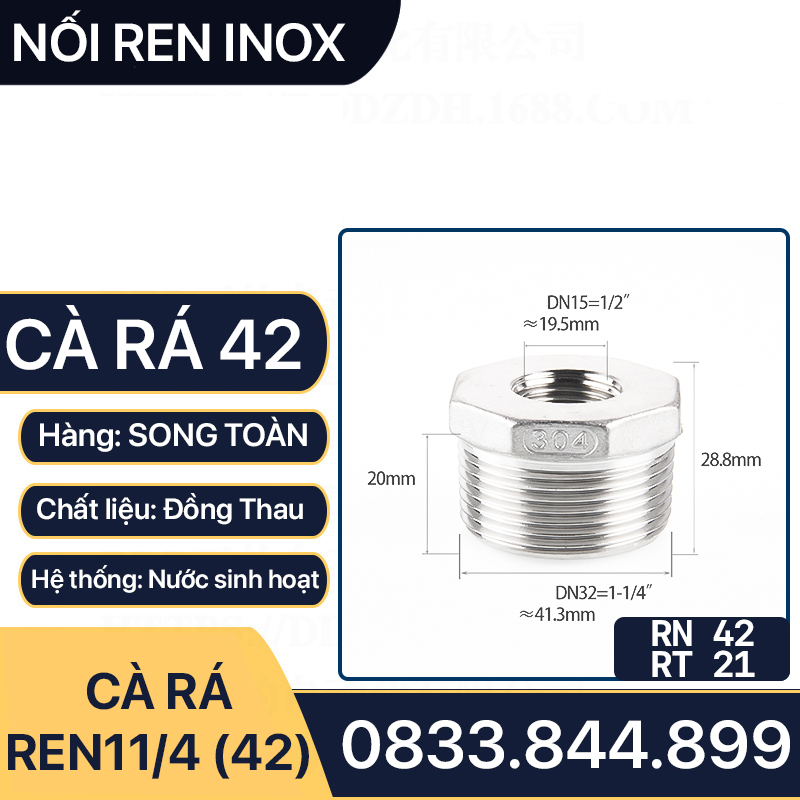 Cà rá inox, nối giảm ren trong ren ngoài 304, cà rá inox 42 lơ thu ren