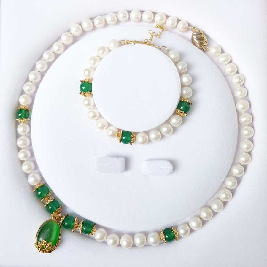 Bộ trang sức Ngọc trai thiên nhiên Cao cấp 2M - Chuỗi đơn Mix đá mã não xanh lá - Quà tặng Mẹ - NULLAN PEARL (8-9ly) - CTJ0210